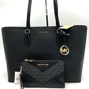 Michael Kors Bag Large Sheila Mf Tote Bag & Large Double Zip Wallet Black/Gold